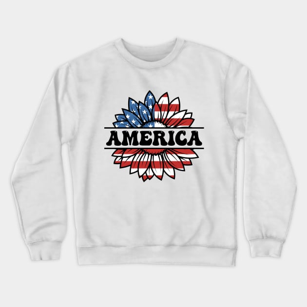 Sunflower American Flag Crewneck Sweatshirt by Hobbybox